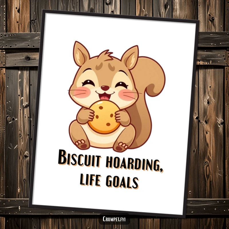 Funny Free Printable Wall Art of a delighted squirrel holding a small round biscuit, adding woodland charm and humor.