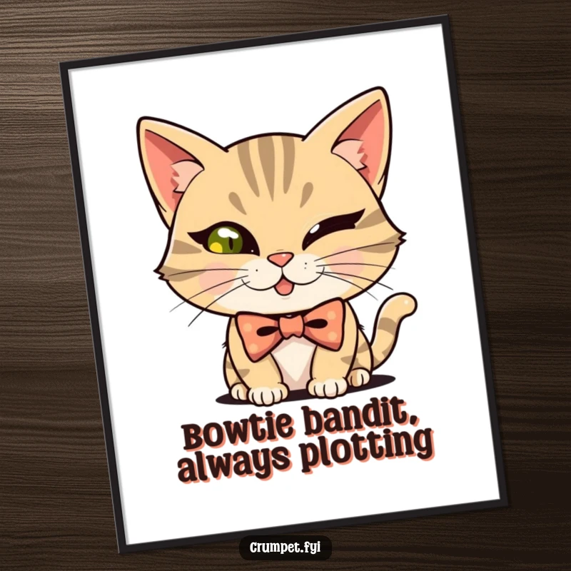 Funny Free Printable Wall Art: Mischievous Cat wearing a Bowtie, Winking Playfully, Quirky Decor