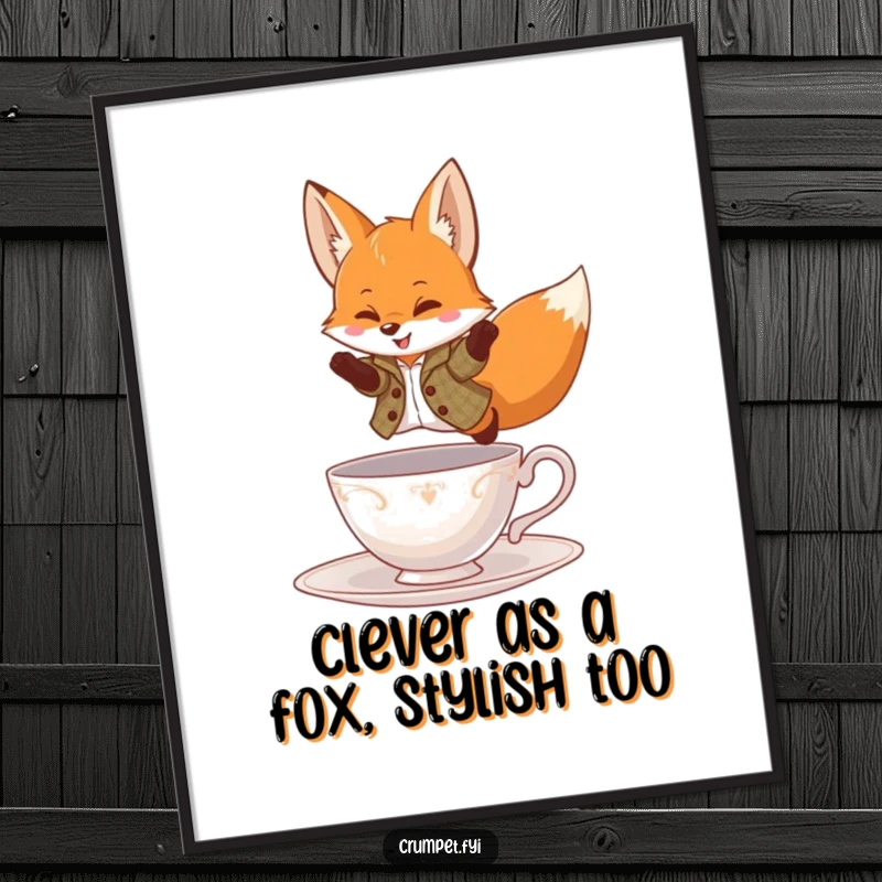 Funny Free Printable Wall Art: A playful fox in a tweed jacket leaps gracefully over a teacup, adding quirky charm.