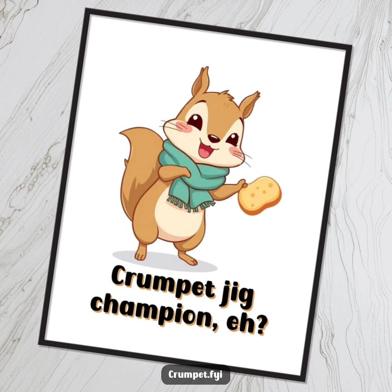 Funny Free Printable Wall Art: A squirrel in a scarf performs a silly jig, holding a crumpet with joy.