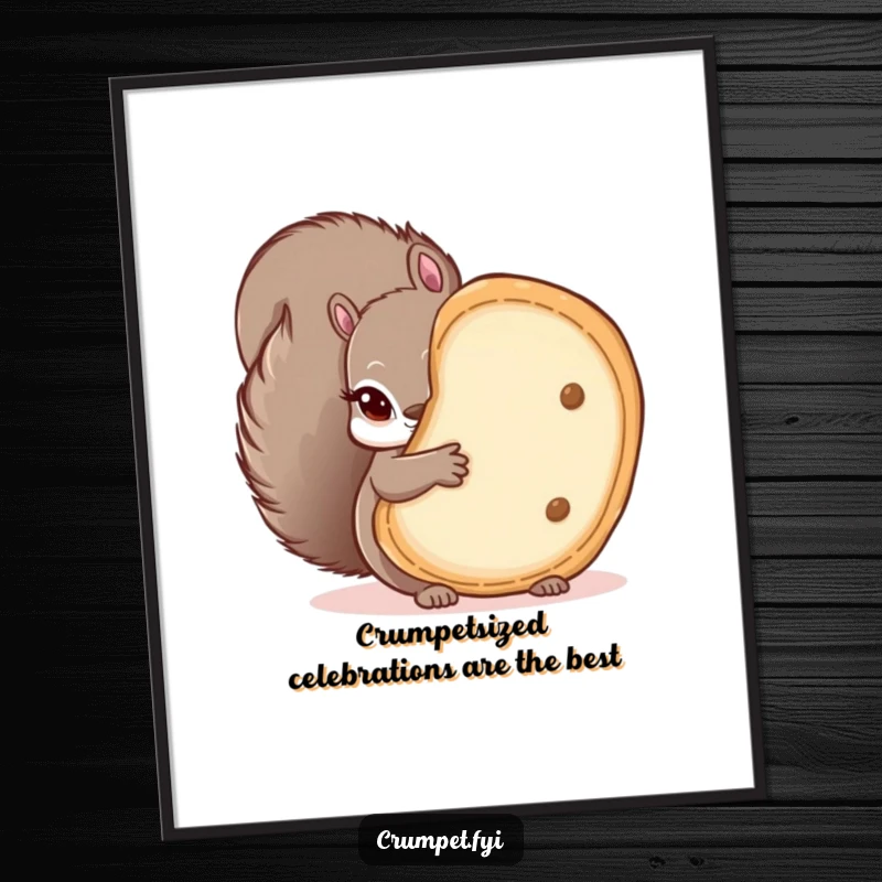 Funny Free Printable Wall Art: A mischievous squirrel peeking with bright eyes from behind an oversized crumpet.