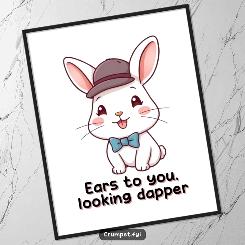 Funny Free Printable Wall Art: A happy rabbit wearing a small bowler hat and a neat bow tie, looking dapper.