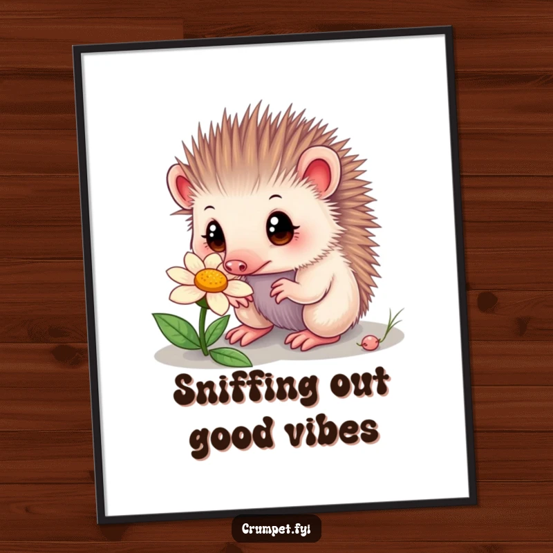 Funny Free Printable Echidna Wall Art: A curious echidna with wide eyes joyfully sniffs a vibrant flower.