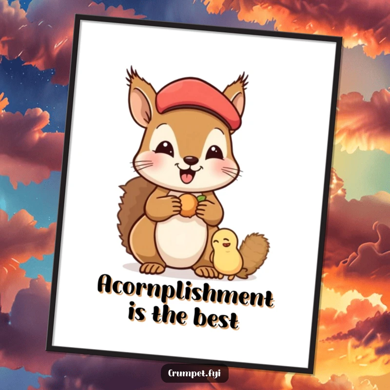 Funny Free Printable wall art of a happy squirrel in a beret sharing a pile of nuts with a friend.