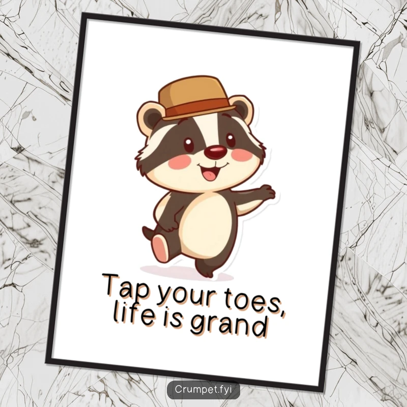 Funny Free Printable Wall Art: Smiling badger in a bowler hat taps its foot energetically, dapper and amusing art.