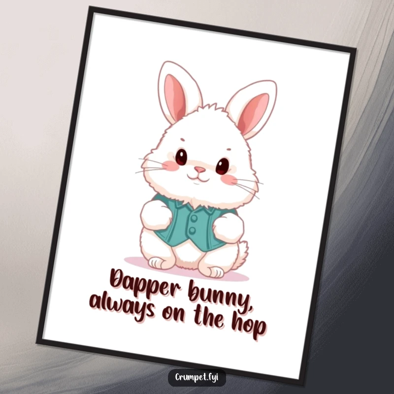Funny Free Printable Wall Art: Fluffy Bunny wearing a Waistcoat, Hopping with Joy, Whimsical Decor