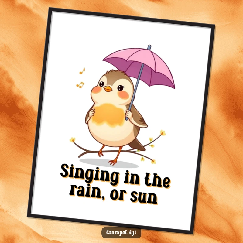 Funny Free Printable Wall Art: A cheerful robin holding a tiny umbrella chirps a sweet tune, bringing a smile.