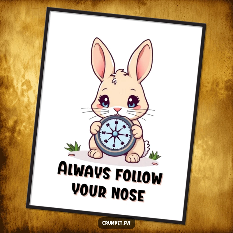 Funny Free Printable Wall Art: A curious rabbit with bright eyes examines a compass, embarking on a whimsical adventure, downloadable art.