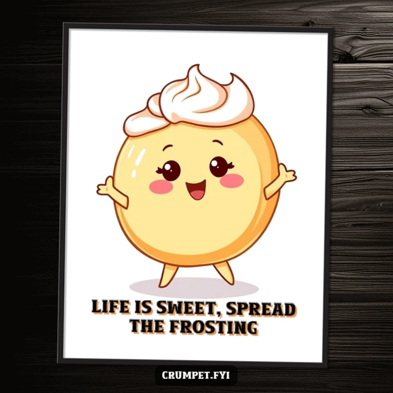 Funny Free Printable Wall Art of a cheerful Danish pastry character with frosting hair, twirling happily in a sweet display.