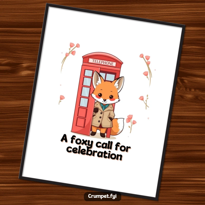 Funny Free Printable Wall Art: Cute fox in tweed jacket peeks from red telephone box, charming and witty art.