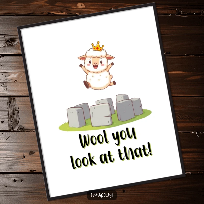 Funny Free Printable Wall Art: A fluffy sheep wearing a crown gleefully jumps over mini Stonehenge, whimsical decor.