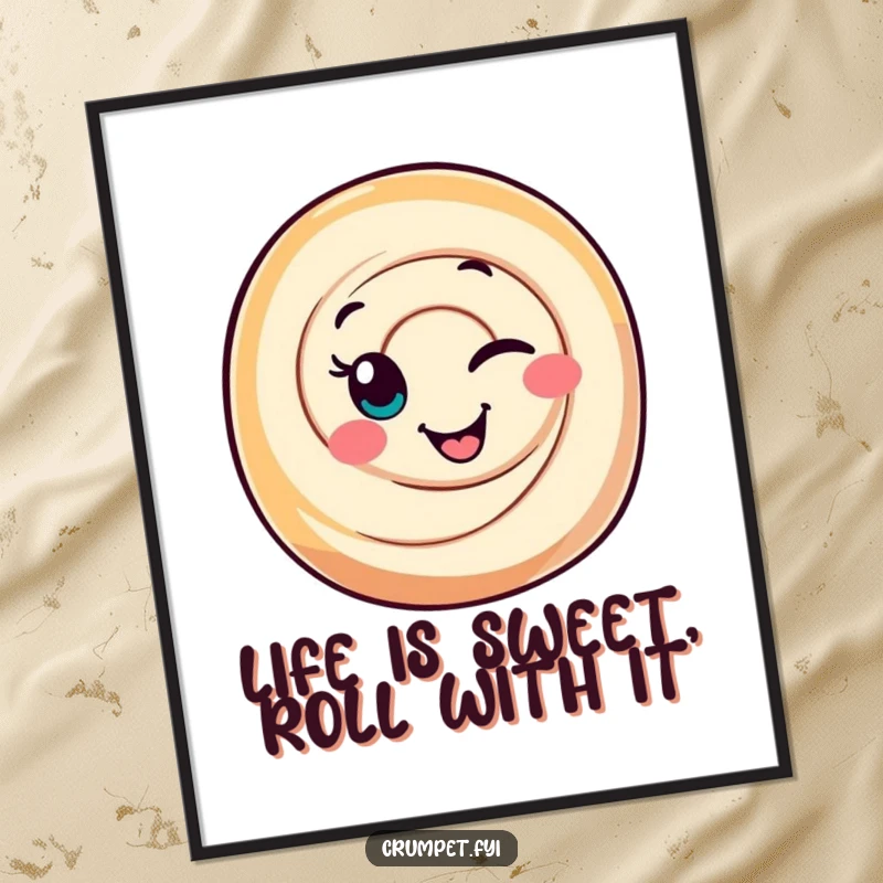 Funny free printable wall art of a cinnamon roll character giving a sweet, mischievous wink.