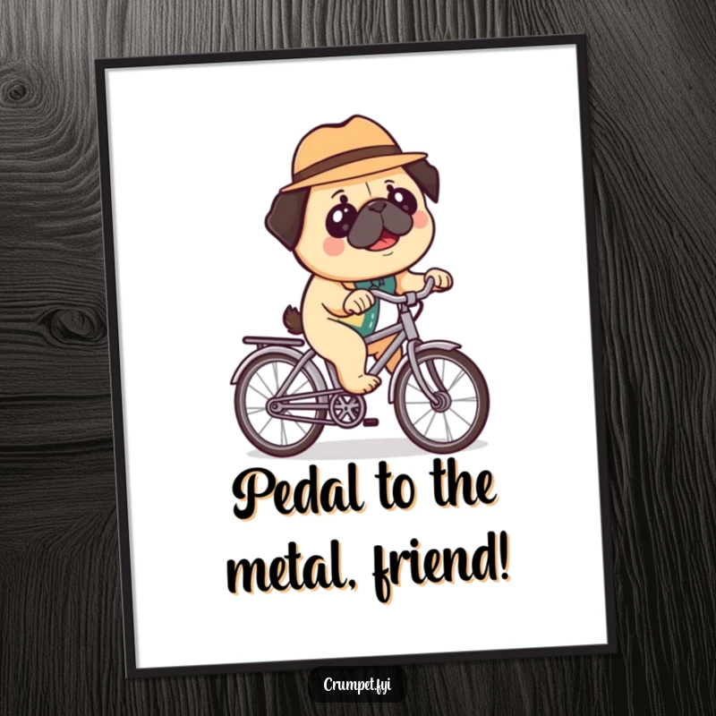 Funny Free Printable Wall Art: A happy pug wearing a bowler hat rides a comically small bicycle with a determined expression.