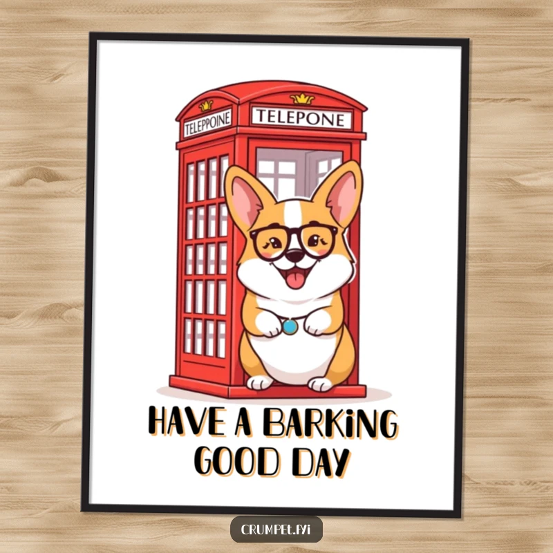 Funny Free Printable Wall Art: A delighted corgi wearing a monocle winks beside a classic red telephone box, whimsical decor.