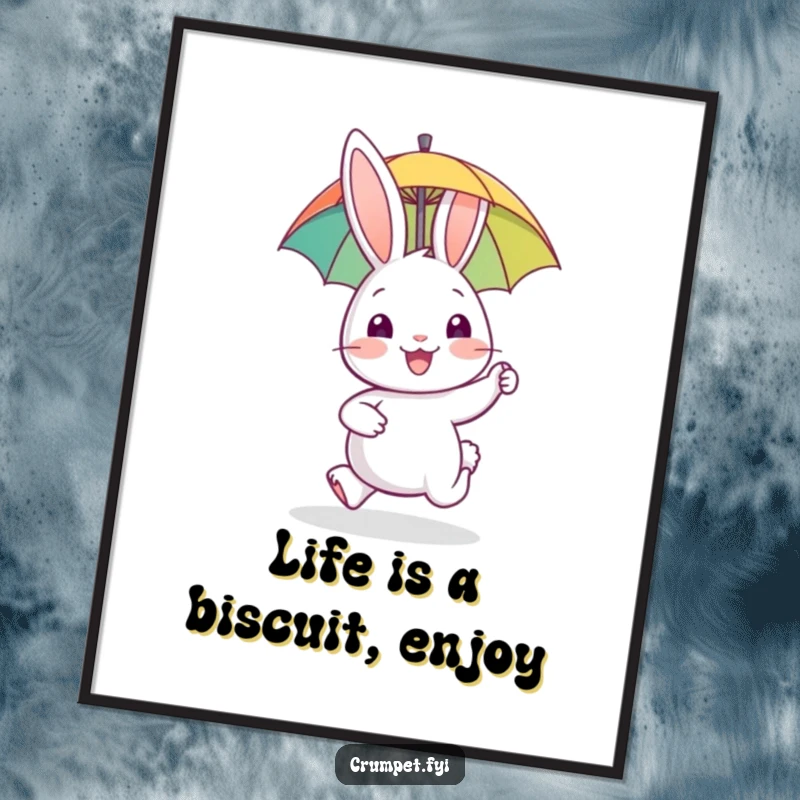 Funny Free Printable Wall Art: Happy rabbit gleefully hopping with a tiny biscuit, bringing joy to your walls.