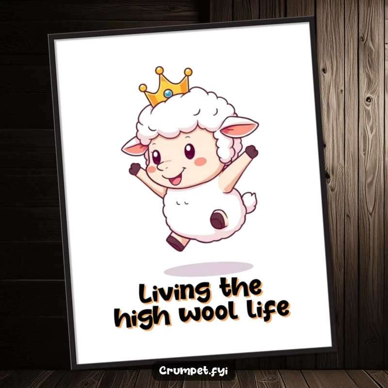 Funny Free Printable Wall Art: A fluffy sheep wearing a crown leaps joyfully, bringing humor and cheer to any room. Downloadable decor.