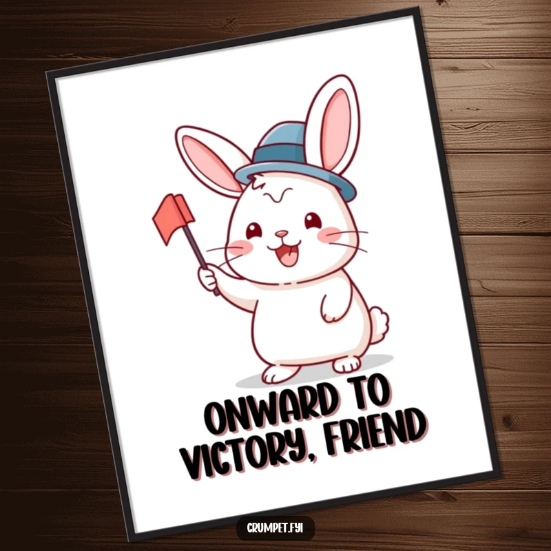 Funny Free Printable wall art of a beaming rabbit in a bowler hat waving a tiny flag merrily.