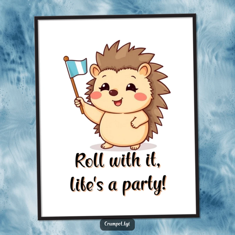 Funny Free Printable Hedgehog Wall Art of a smiling hedgehog waving a tiny flag, perfect for a cheerful DIY home decor gift.