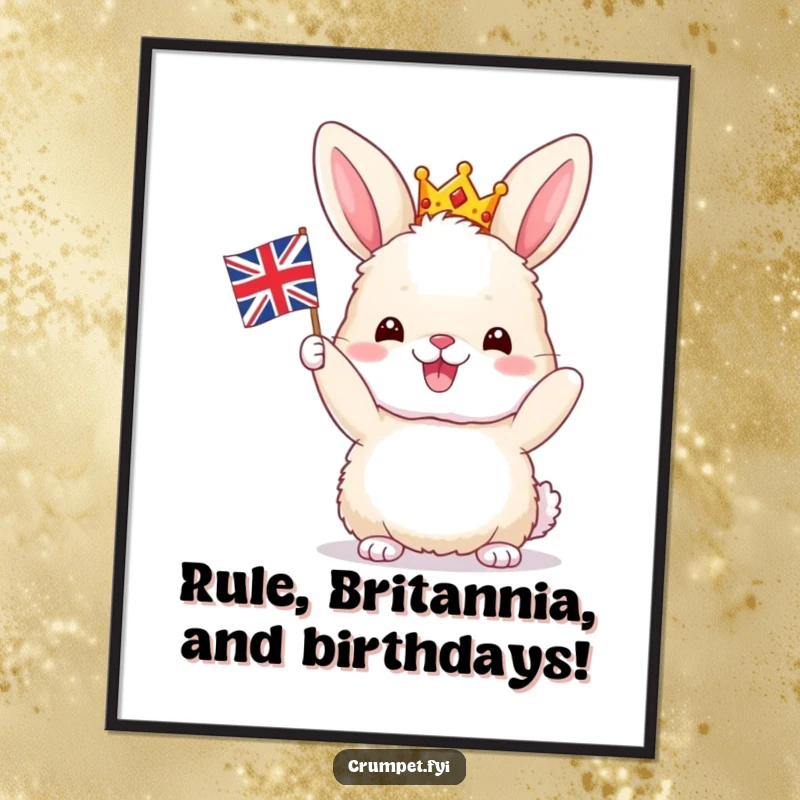 Funny Free Printable Wall Art: Fluffy bunny in a crown joyfully waves a miniature Union Jack, regal and amusing art.