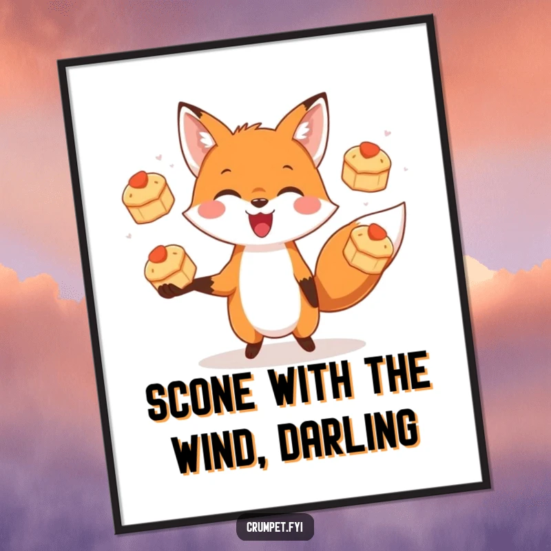 Funny free printable wall art: a happy fox skillfully juggles three tiny, tempting scones in the air with a joyful expression.