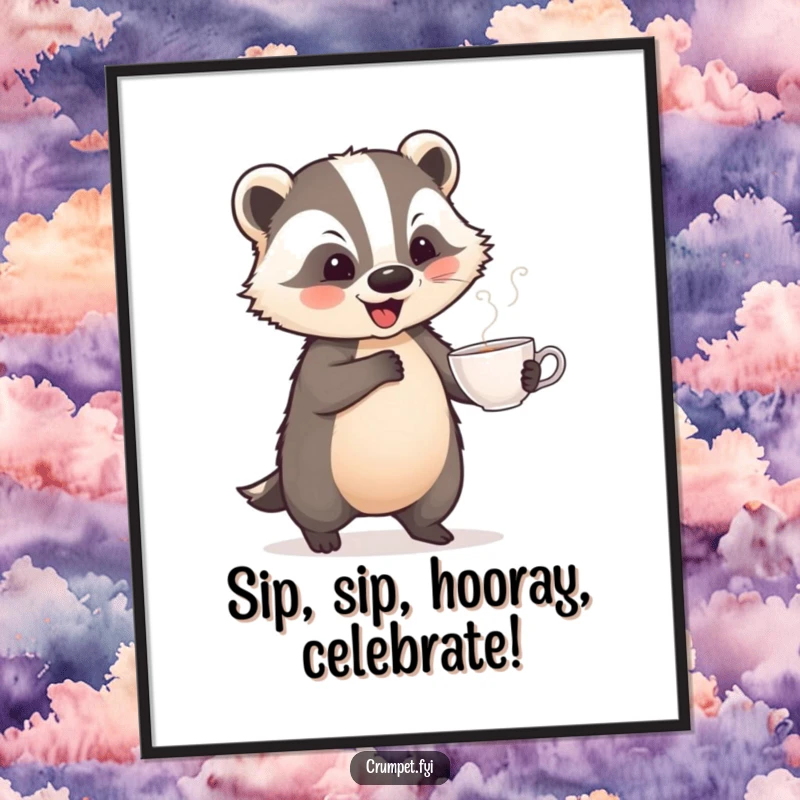 Funny Free Printable Wall Art: A playful badger performs a jaunty dance with a teacup, its energetic movement a humorous artistic expression.