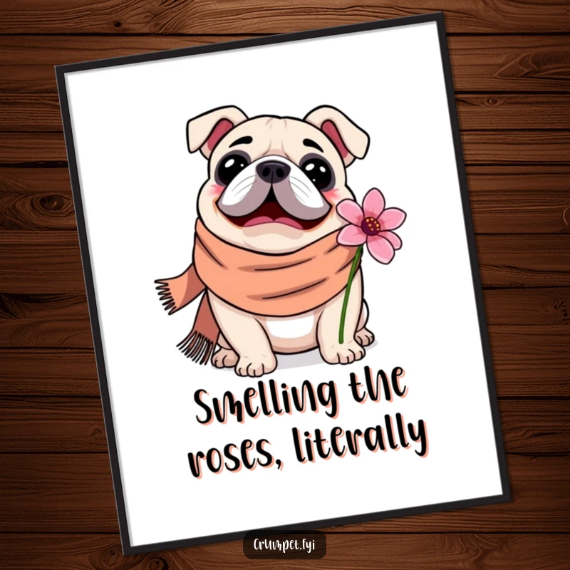 Funny Free Printable wall art of a content bulldog in a scarf peacefully sniffing a colorful flower.