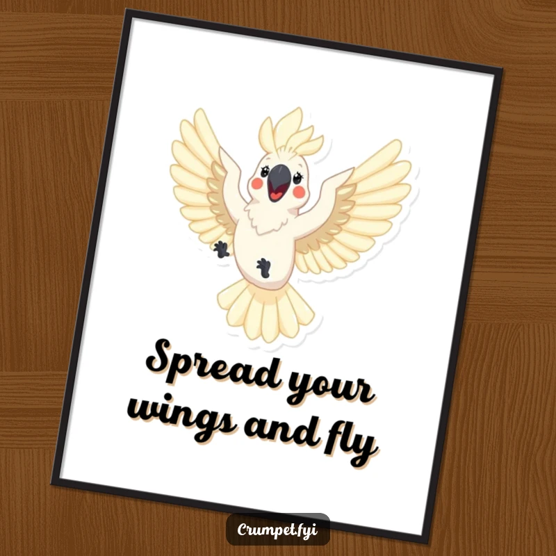 Funny Free Printable Cockatoo Wall Art: A happy cockatoo soars through the sky with wings outstretched.