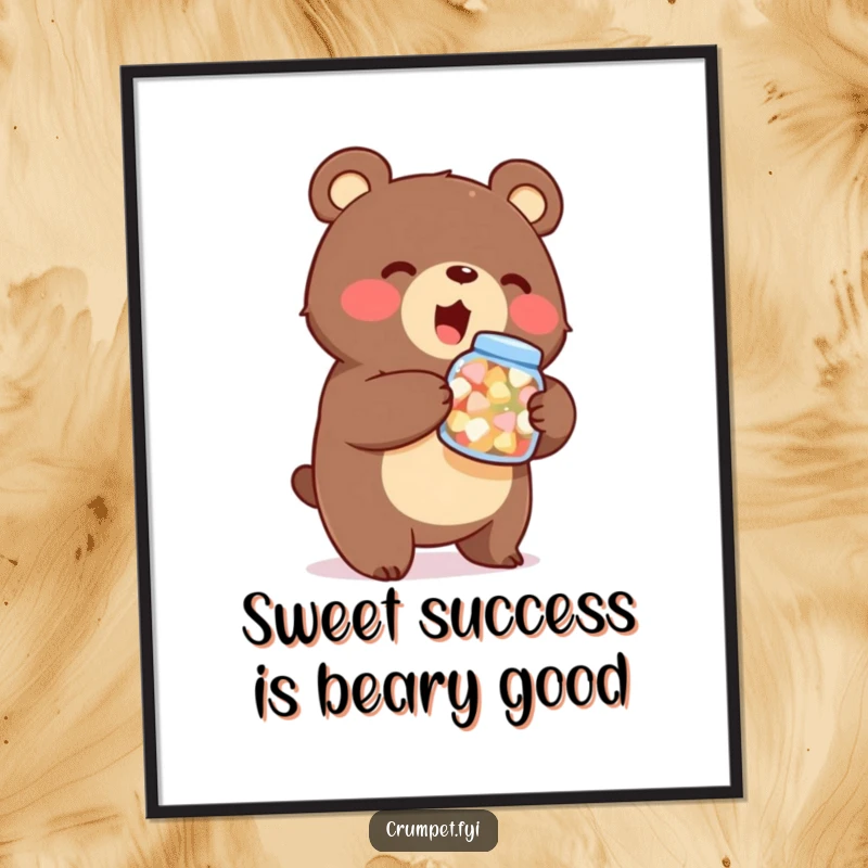 Funny Free Printable Wall Art: Stout bear enthusiastically holding a tiny jar of sweets, adding sweet charm to your decor.