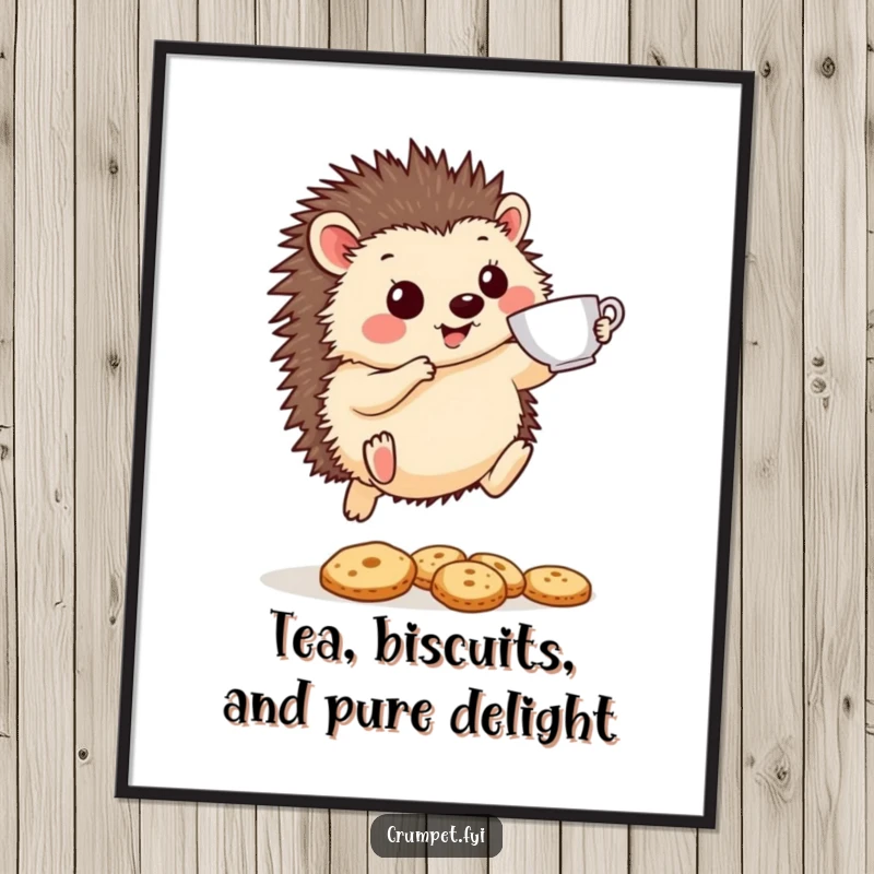 Funny Free Printable Wall Art: Cheerful hedgehog with a teacup leaps over biscuits, amusing downloadable art.