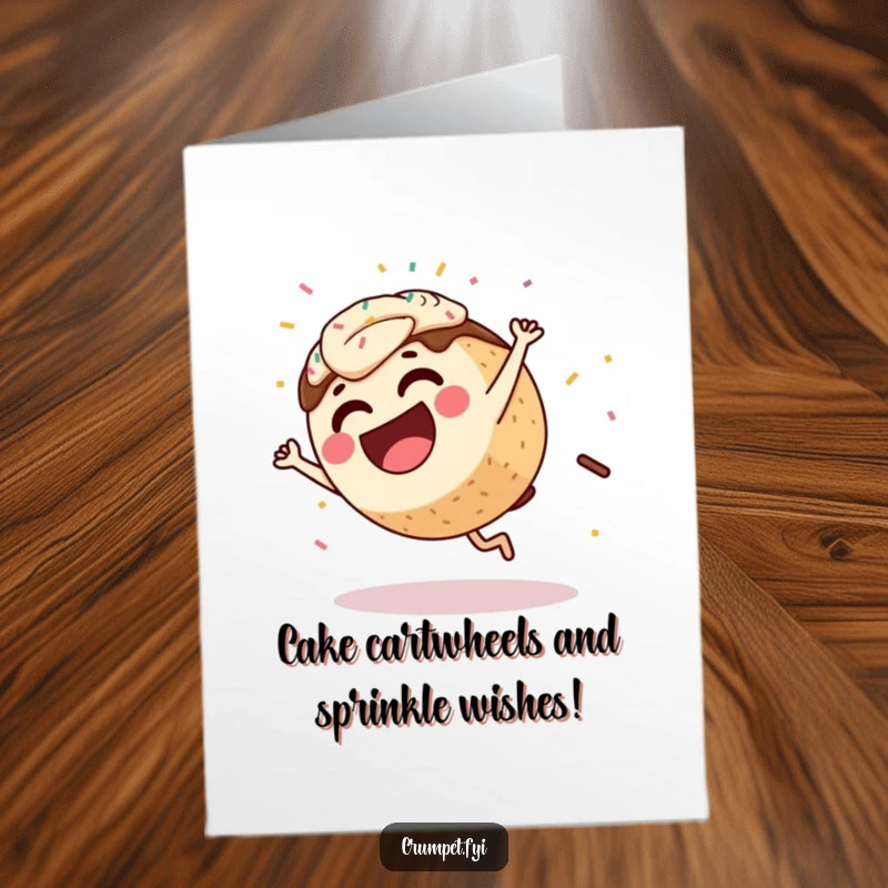 Funny free printable birthday card featuring a laughing coffee cake character doing a cartwheel, sprinkles flying everywhere.