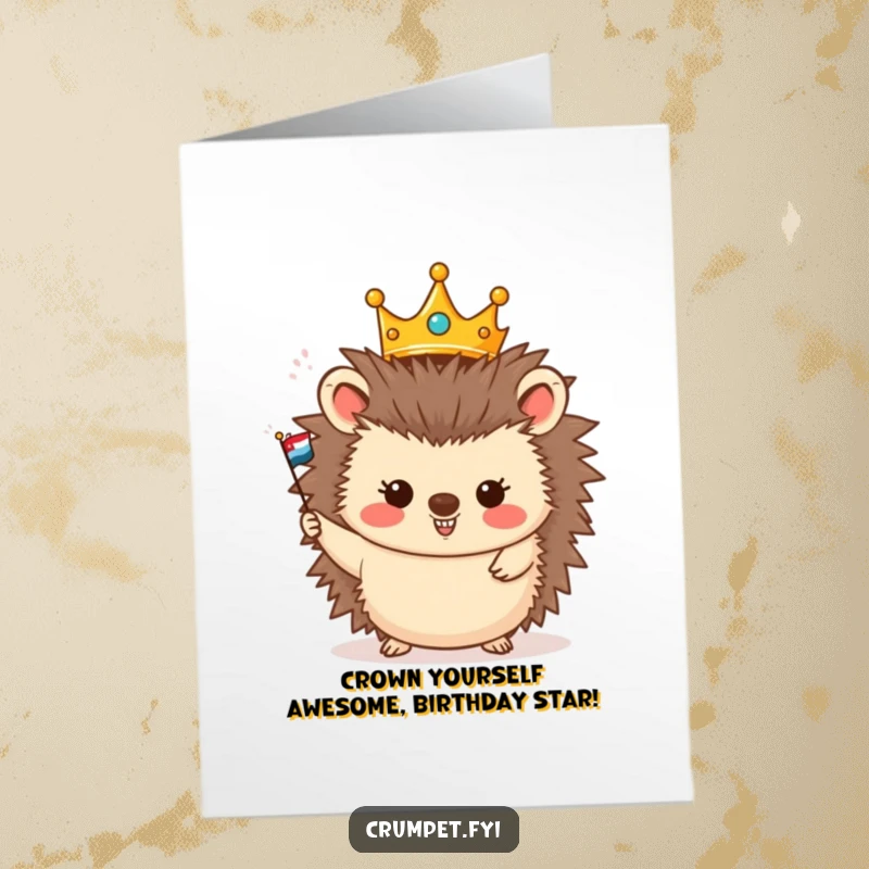 Funny Free Printable Birthday Card: A cheerful hedgehog wearing a crown happily waves a small flag, exuding regal joy.
