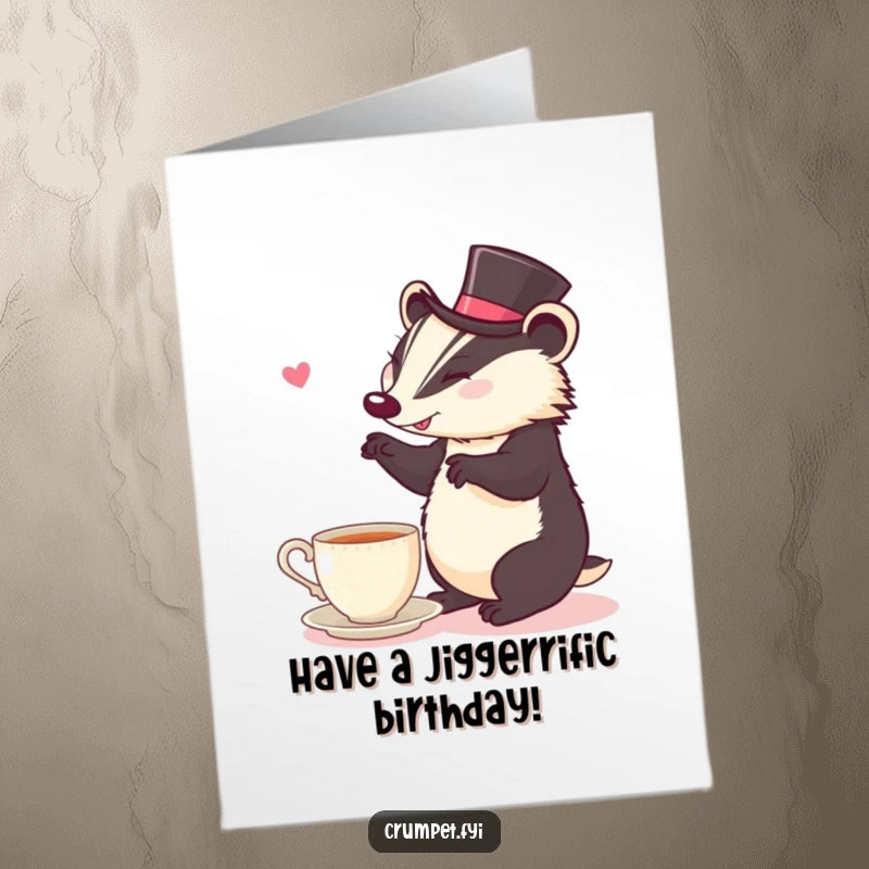Funny Free Printable Birthday Card: A cheerful badger in a top hat does a jig near tea, a humorous DIY greeting.