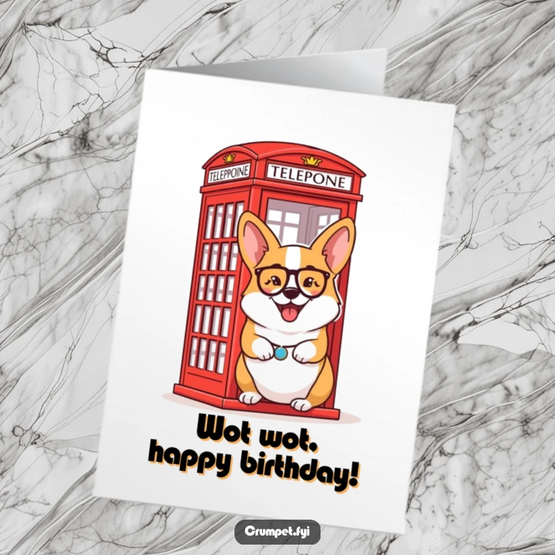 Funny Free Printable Birthday Card: A delighted corgi with a monocle winks by a red phone box, a humorous DIY greeting.