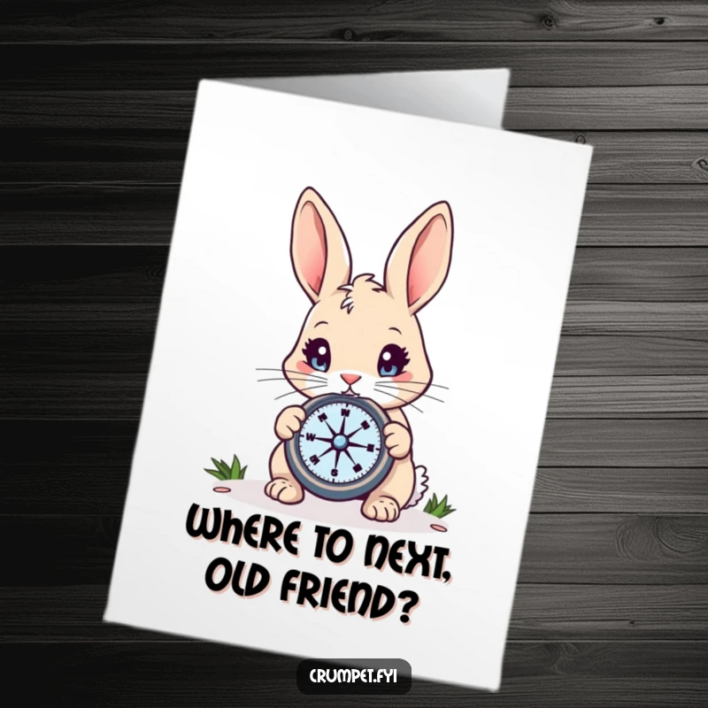 Funny Free Printable Birthday Card featuring a curious rabbit with bright eyes intently studying a compass, ready for an adventure.