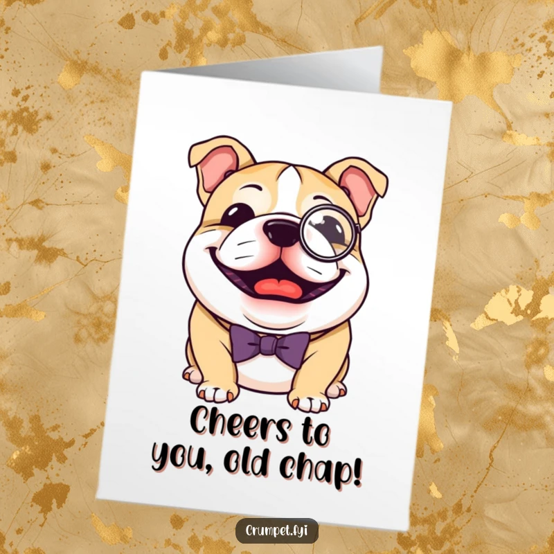 Funny Free Printable Birthday Card: A joyful bulldog sports a tiny monocle and bow tie, looking distinguished for a birthday celebration.