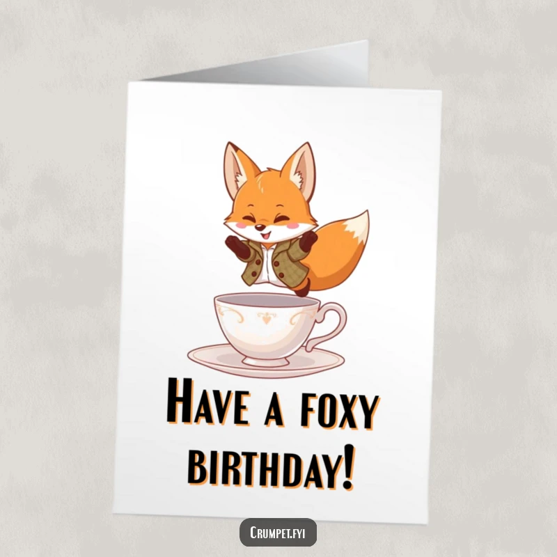 Funny Free Printable Birthday Card: A playful fox in a tweed jacket leaps with flair over a teacup, celebrating big.
