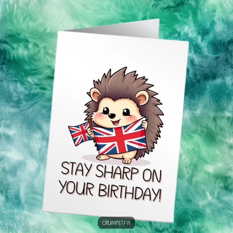 Funny Free Printable Birthday Card featuring a happy hedgehog waving a Union Jack flag, perfect for a fun celebration.