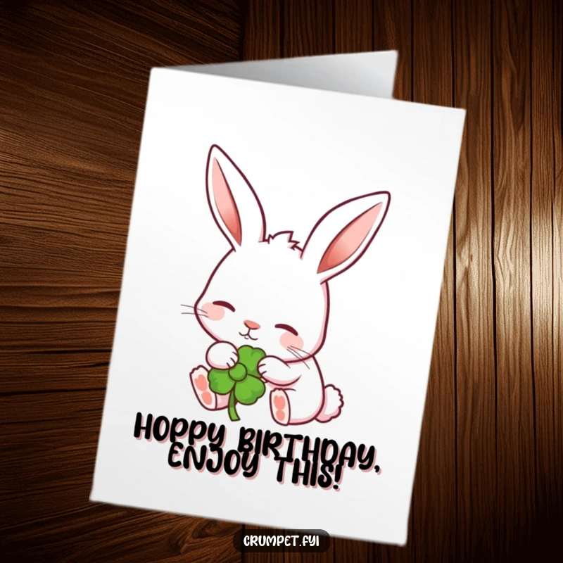 Free Printable Birthday Card: A content rabbit with perked ears happily nibbles on a colorful stylized garden flower.