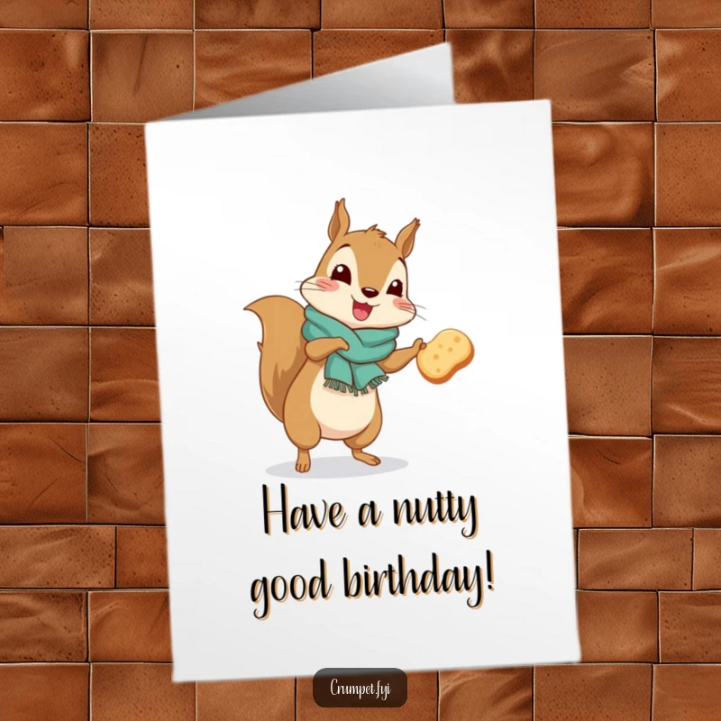 Funny Free Printable Birthday Card: A squirrel in a scarf dances with a crumpet, looking absolutely delighted.