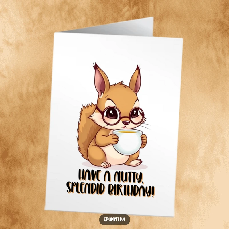 Funny Free Printable Birthday Card: A squirrel wearing a monocle sips tea with distinguished poise. Hilarious downloadable greeting.