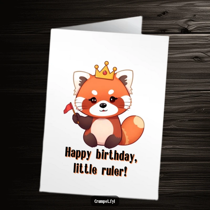 Funny Free Printable Birthday Card of a red panda wearing a tiny crown, waving a small flag with a cheerful expression.
