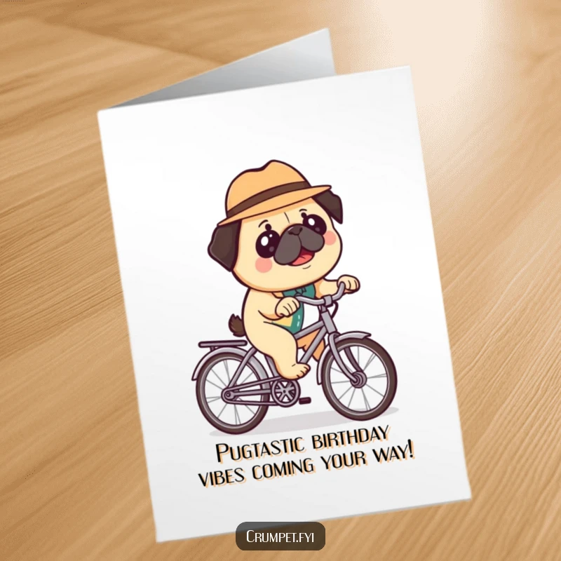 Funny Free Printable Birthday Card: Happy pug in a bowler hat comically rides a tiny bicycle, ready for a birthday adventure.