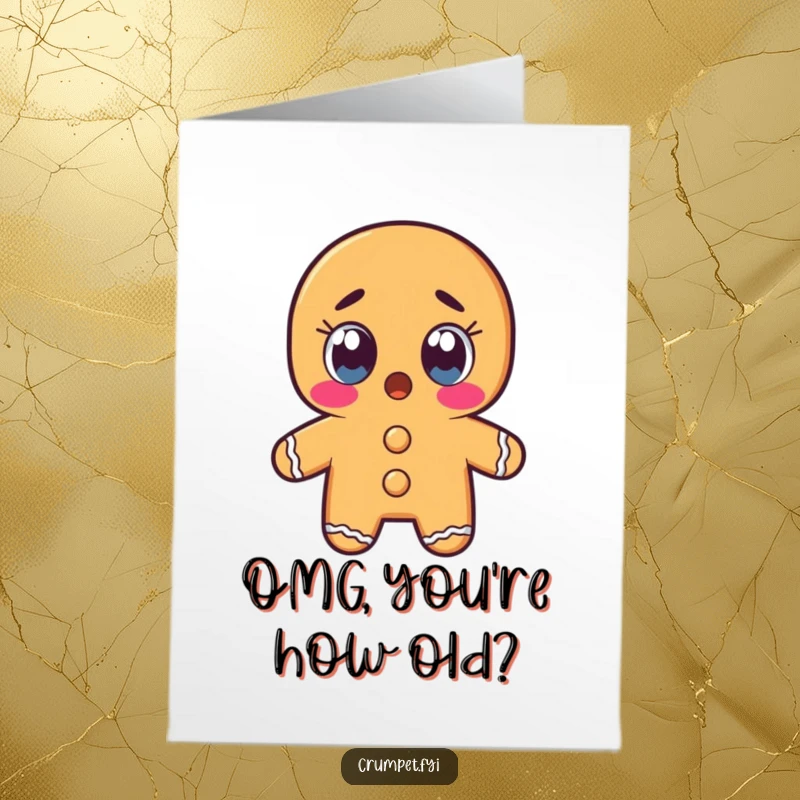 Funny Free Printable Birthday Card: Gingerbread man character with wide, shocked eyes, reacting to a surprising birthday event with comical disbelief.