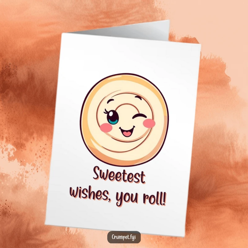Funny free printable birthday card featuring a smiling cinnamon roll character giving a charming wink.