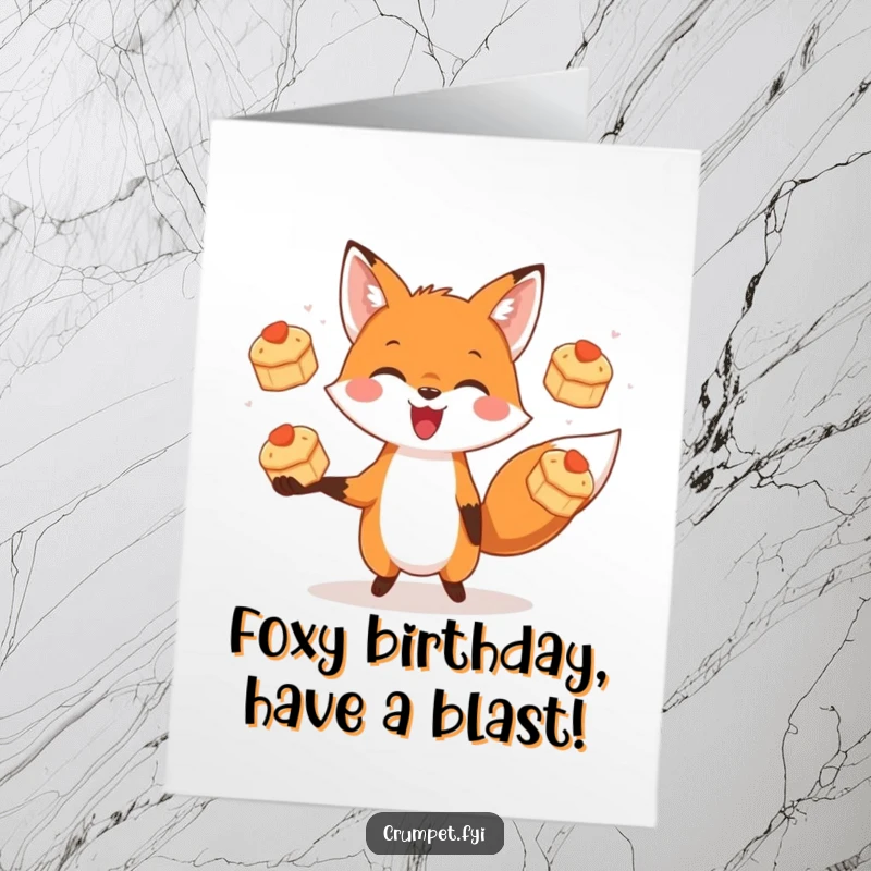 Funny free printable birthday card: a delighted fox with a huge grin skillfully juggles three tiny, delicious scones in mid-air.