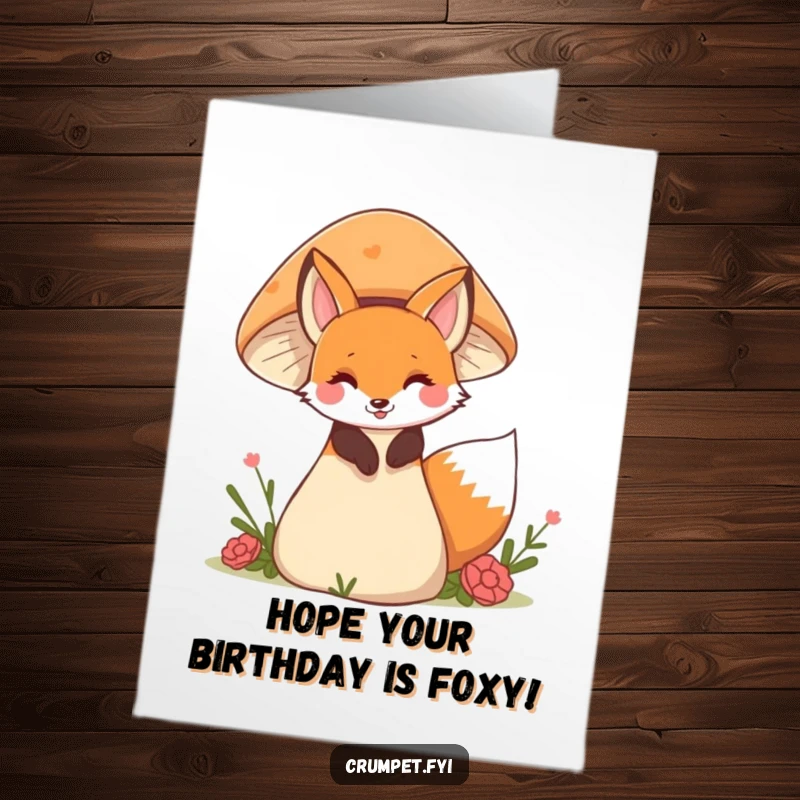 Funny Free Printable Birthday Card: A playful fox peeking out from behind a giant, colorful mushroom with a mischievous grin.