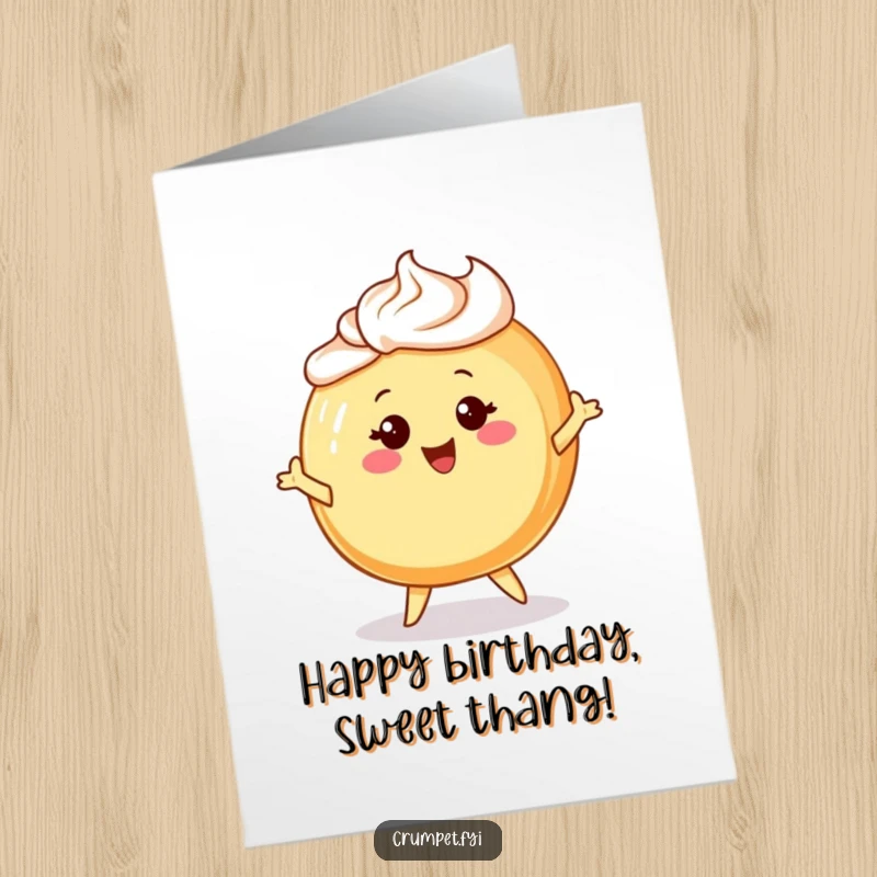 Funny Free Printable Birthday Card featuring a cheerful Danish pastry character with frosting hair, twirling happily in celebration.