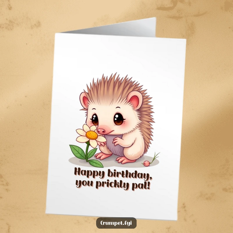 Funny Free Printable Echidna Birthday Card: A curious echidna with wide eyes sniffs a flower, wishing happy birthday.
