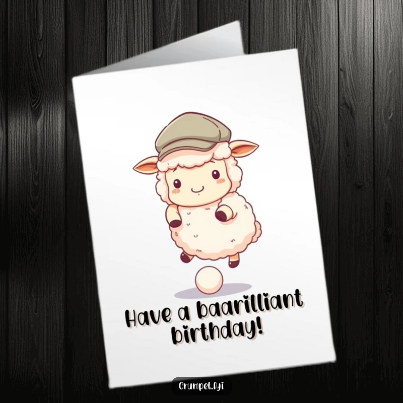 Funny Free Printable Birthday Card: A fluffy sheep in a flat cap energetically bounces a small ball, full of birthday fun.