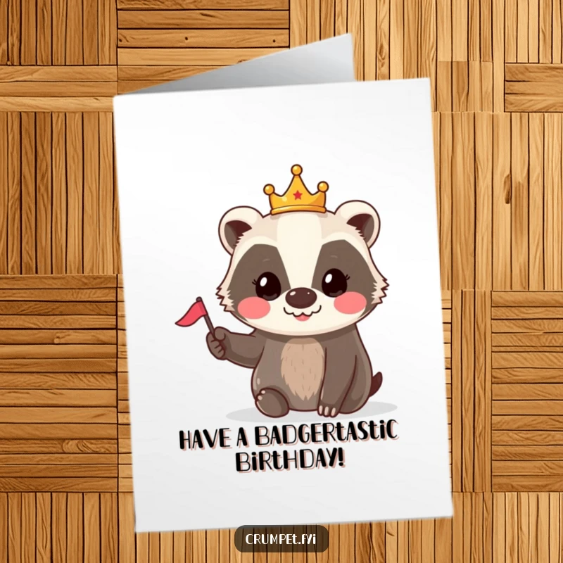Funny Free Printable Birthday Card: A smiling badger in a tiny crown waves a small flag joyfully.